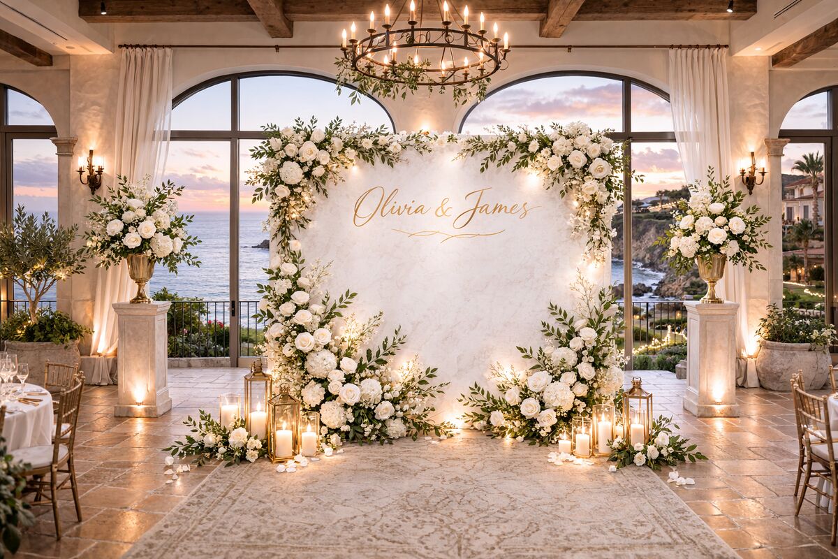 Coastal wedding backdrop concept (Terranea-style venue)