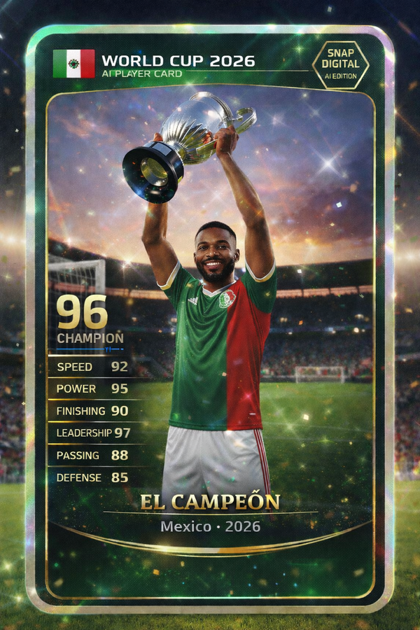 World Cup 2026 AI trading card — Mexico player card with stats, rating and stadium background